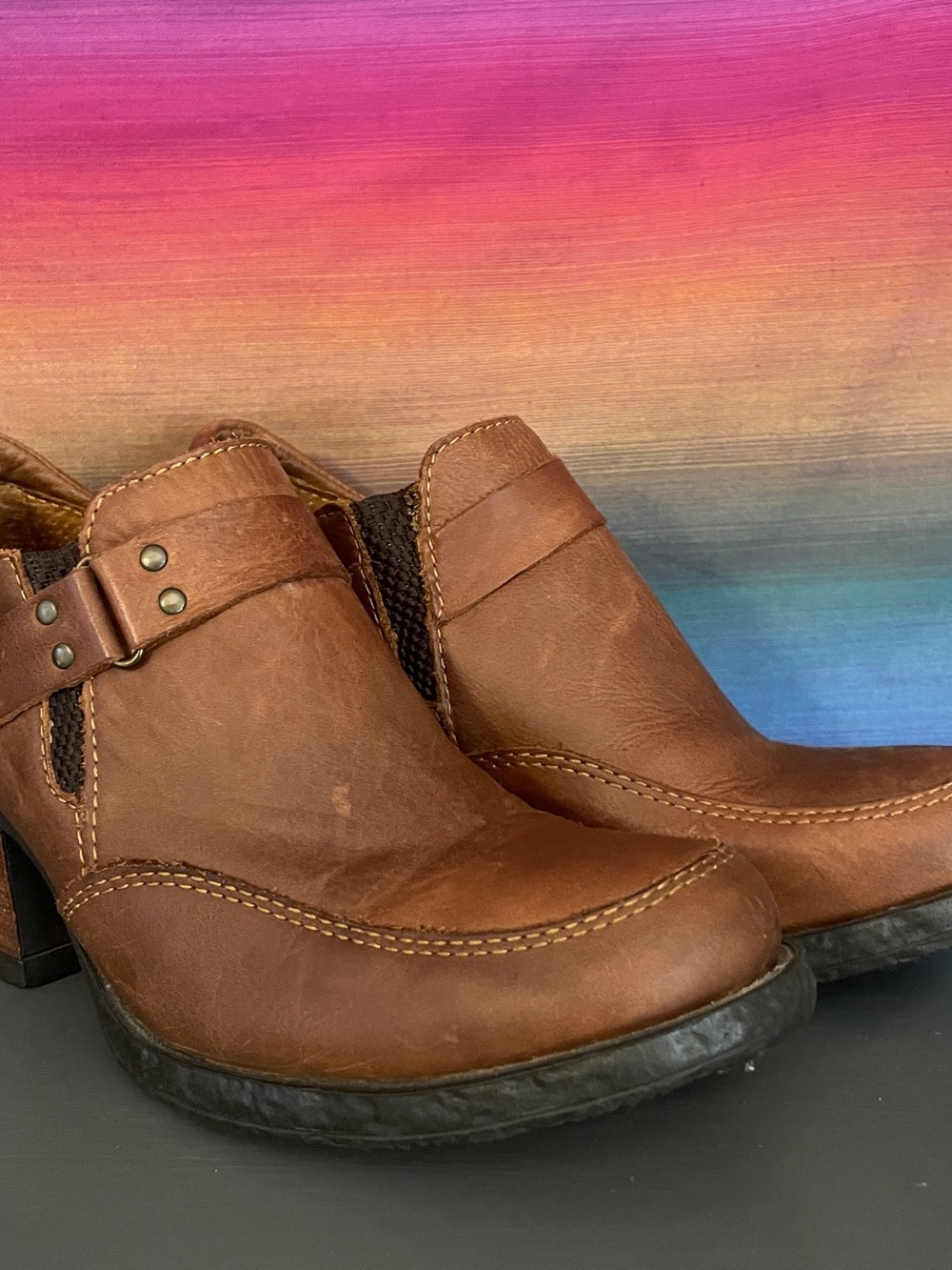 Born Nyssa Cognac Leather Ankle Booties Opanka Harness Comfort Heel 8.5 - Picture 4 of 11